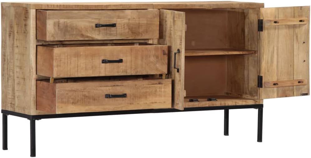 Solid Mango Wood Sideboard with 3 Drawers and 2 Cabinets, Rustic Brown Medium Storage Furniture for Dining Room and Living Area, Durable Construction and Spacious Organization