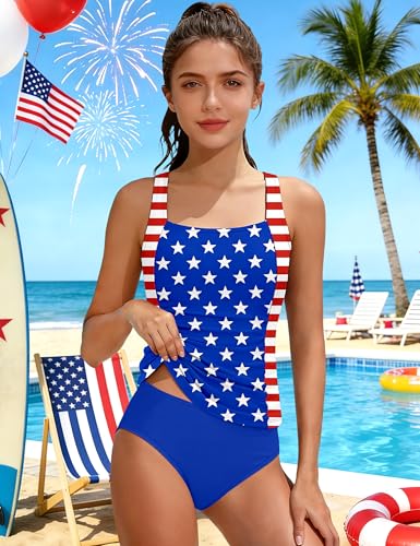 Image of Girls Tankini Swimsuit Solid Color Blocking Two Piece Bathing Suit Ruched Slimming Teen Girls' Swimwear for 9-18Years