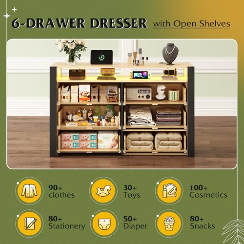 Image of WLIVE 6 Drawer Led Dresser for Bedroom, 51 inch Wood Dresser with Charging Station for 55 inch TV, Dressers with Open Shelves, Hanging Rack, Chest of Drawers for Closet, Living Room, Light Oak