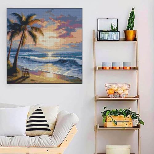 Image of Beach Sunset Stamped Cross Stitch Kits - Tree Counted Cross Stitch Kits for Beginners Adults Needlepoint Cross-Stitch Patterns Dimensions Needlecrafts Embroidery Kits Arts and Crafts 13.7x13.7 Inches