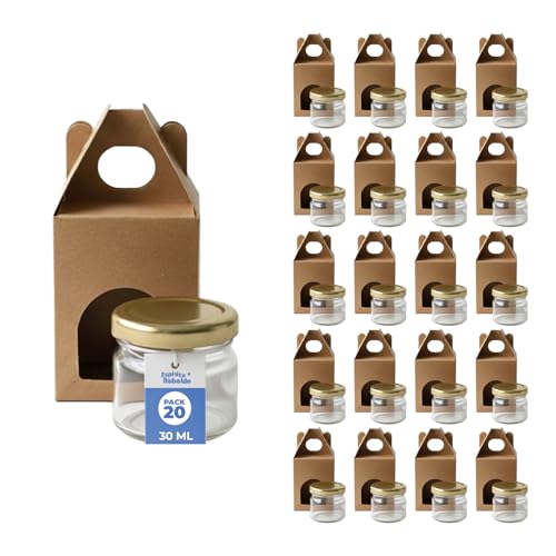 Espirito Rebelde 20 barattoli vuoti in vetro con coperchio da 30 ml con 20 barattoli di cartone per 1 barattolo di marmellata, con coperchio a vite dorato, per marmellate, conserve, miele