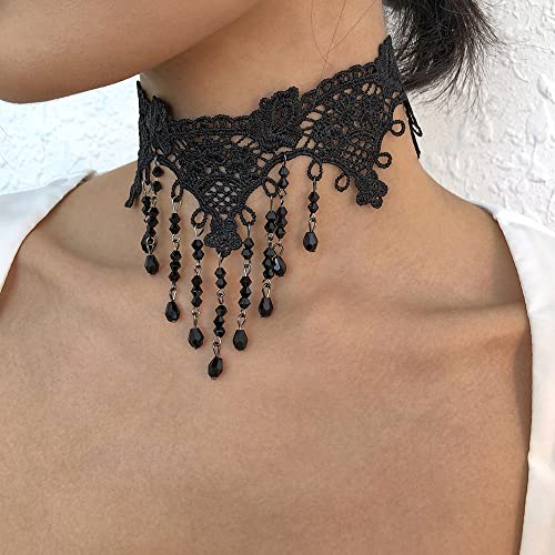 Asphire Gothic Lace Choker Necklace Black Crystal Tassel Collar Necklace Sexy Women's Costume Party Vintage Thick Choker2