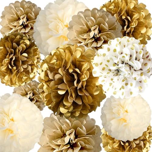 12-Piece Set of Gold and White Hanging Tissue Paper Pom Poms for ...