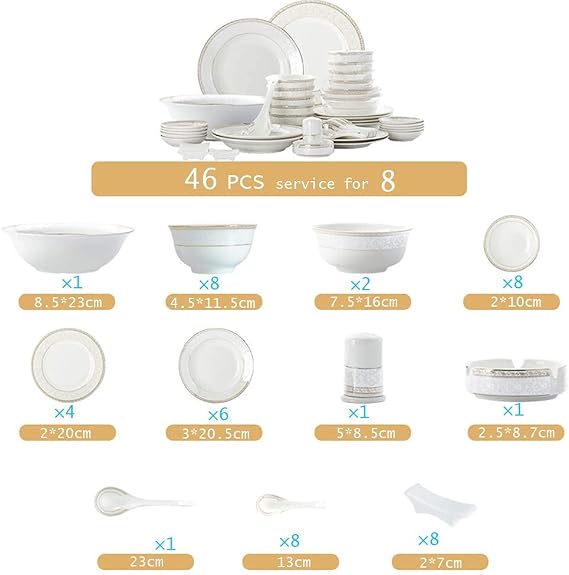 White Round Porcelain Dinnerware Set, Dishes/Plate/Bowl Set, Fine Bone China Dinnerware Sets, Collection Ceramic Kitchen and Dining Sets for Home,B56 pcs Service for 10 (46 Pcs Service for