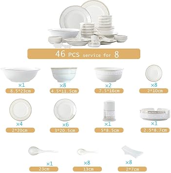 White Round Porcelain Dinnerware Set, Dishes/Plate/Bowl Set, Fine Bone China Dinnerware Sets, Collection Ceramic Kitchen and Dining Sets for Home,B56 pcs Service for 10 (46 Pcs Service for