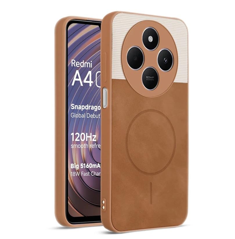 Image of Bintage CASE Mac Safe Design Hard Light Weight Back Case | Soft Border Camera Protect | Dual PU Leather Finish Back Cover Compatible for Poco M7 / Redmi 14C 5G - White & Brown