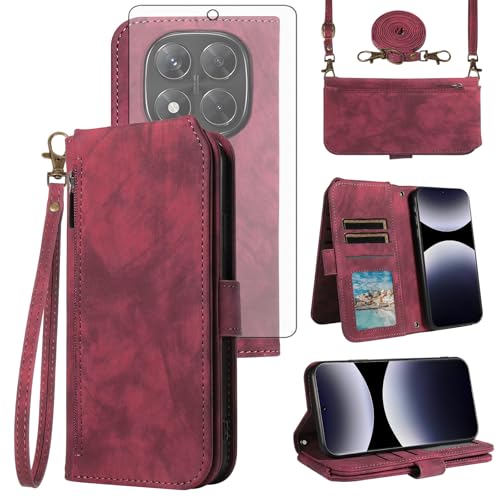 Coque Poco X7 Asuwish rouge protecteur écran verre et porte-cartes amovible