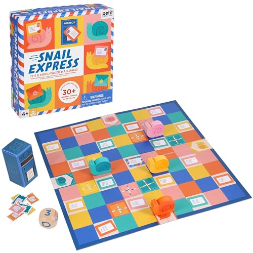 Petit Collage: Snail Express – Juego educativo ecológico para niños de 4 años en adelante – Incluye caracolas de madera FSC, pegatinas, paquetes y buzón – Favorito para las noches de juegos familiares – Juego de carreras de correo