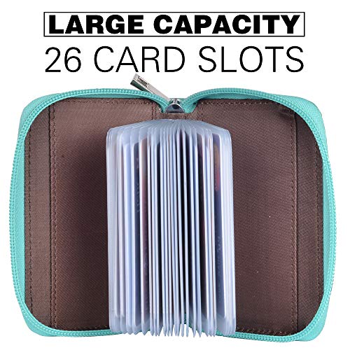 Image of Easyoulife Genuine Leather Credit Card Holder Zipper Wallet with 26 Card Slots (Teal)