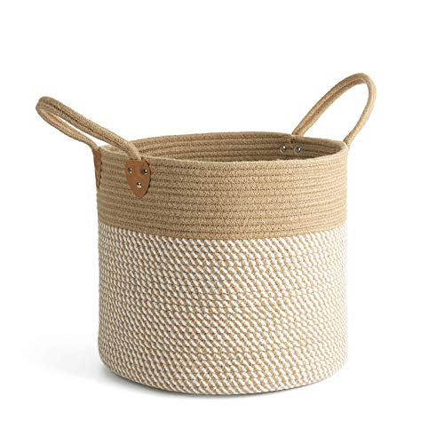 CHICVITA Large Wicker Jute Woven Storage Basket with Handles – Blanket Laundry Basket for Toys Towels Home Decor, White, 14" x 14" x 12"