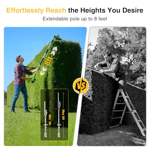 Image of TaskStar Pole Hedge Trimmer Cordless: 20 inch Electric Long Reach Shrub & Bush Trimmer with Extension Pole, 2x4.0Ah Battery, Dual-Action Blade Hedge Clippers, 3000 SPM High-Speed Motor, 8-Feet Reach