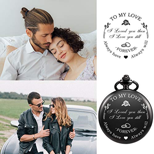 Image of TREEWETO Mens Womens Quartz Personalized Pocket Watch Engraved Engraving Customized with Chain Gift Box Wedding Gift for Groomsman Bestman Husband Dad Love