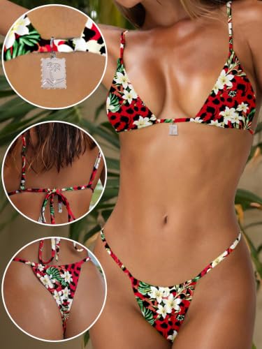 Image of OWICA Women's Sexy Triangle Bikini Sets Cheeky Thong Swimsuit Adjustable Spaghetti Straps Bathing Suit