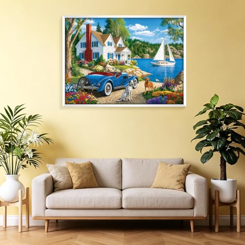 Rompecabezas de 500 piezas para adultos: paisaje lacustre con montañas, cabaña y auto clásico azul; rompecabezas jigsaw con perro y cachorro, ideal para adolescentes, adultos y mayores miniatura 7