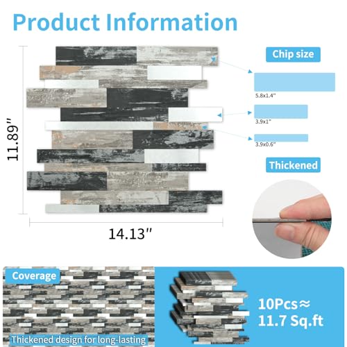 Image of Art3d Faux Stone Peel & Stick Backsplash Tile, 10 pcs, Distressed Wood