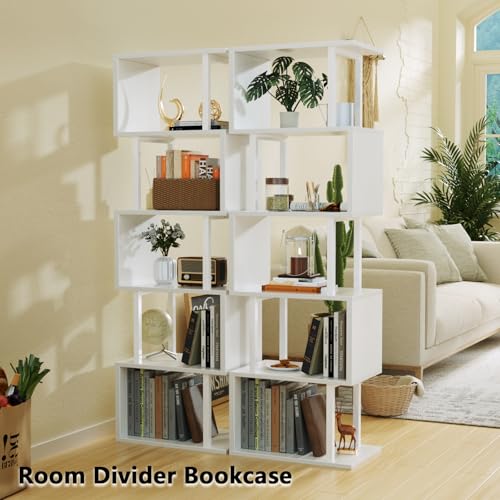Image of Furologee White Geometric Bookshelf 6 Tier S-Shaped Bookcase, Tall Modern Display Storage Shelf, Metal and Wood Decorative Freestanding Room Divider Shelves for Bedroom, Living Room, Office
