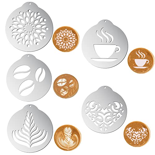 Corsehild 5 PCS Stainless Steel Coffee Stencils Coffee Decorating Stencil Personalised Latte Art Stencils Barista Cappuccino Arts Templates Coffee Garland Moulds Cocoa Stencils for Coffee Cake Decor