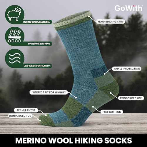 GoWith 2 Pairs Merino Wool Full Cushion Hiking Socks for Men & Women, Thermal Warm Seamless Crew Boot Socks for Mountaineers2