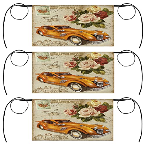 bisibuy Vintage Postcard 3 Pack Server Aprons with 3 Pockets, Retro Car Flowers Waitress Waiter Wasit Apron for Women Men Restaurant Bistro Cafe Bars Half Aprons Waitress Server Accessories