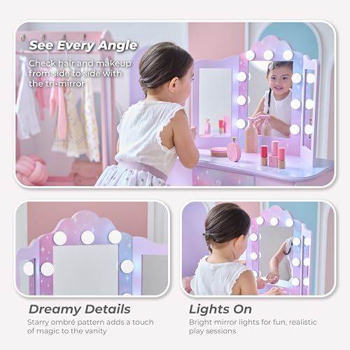 Image of Teamson Kids Gisele Medium Vanity with Stool, Purple, Ages 3+ | Stardust Print, LED Lights & Touch Sensor Mirror, Storage Drawer, Pretend Play, Elegant Dressing Table Set