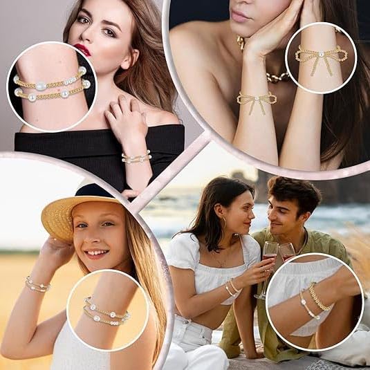 5 Pcs Gold Bow Bracelets for Women, Stretch Gold&White Beaded Pearl Bracelet Set Stackable Bead Ball Bracelet Accessories Gifts for Women Trendy Jewelry - Image 5
