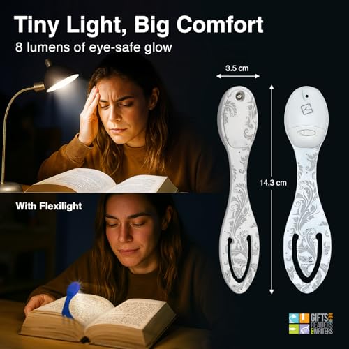 Image of Gifts for Readers & Writers Book Light, Clip On Reading Light for Bed, 2in1 Flexilight & Bookmark, Small & Lightweight with a Soft Glow, 2 Batteries Included, White Flowers