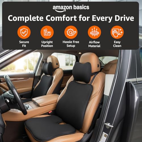 Image of Amazon Basics Memory Foam Car Comfort Combo of 3 - Car Neck Rest Pillow, Lumbar Back Support Cushion & Wedge Seat Cushion | Ergonomic Car Seat Support for Driving, SUV, Sedan, Universal Fit - Black