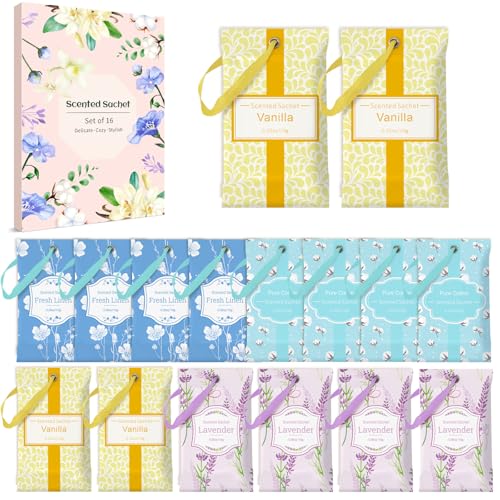 Scent-Hi Scented Sachets, Wardrobe Fresheners, Long Lasting Fragrance Lavender, Fresh Linen, Cotton, Vanilla for Drawer Liners, Bedroom, Wardrobe, Pack of 16