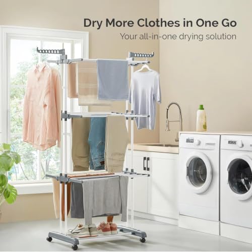 Image of Foldable Cloth Drying Stand 3-Tier with 1 Year Warranty | Steel Clothes Dryer Rack with Wheels | Rust-Resistant | Dual Braked Casters | Indoor Balcony Bedroom Use | Cloth Dryer Stand for Home