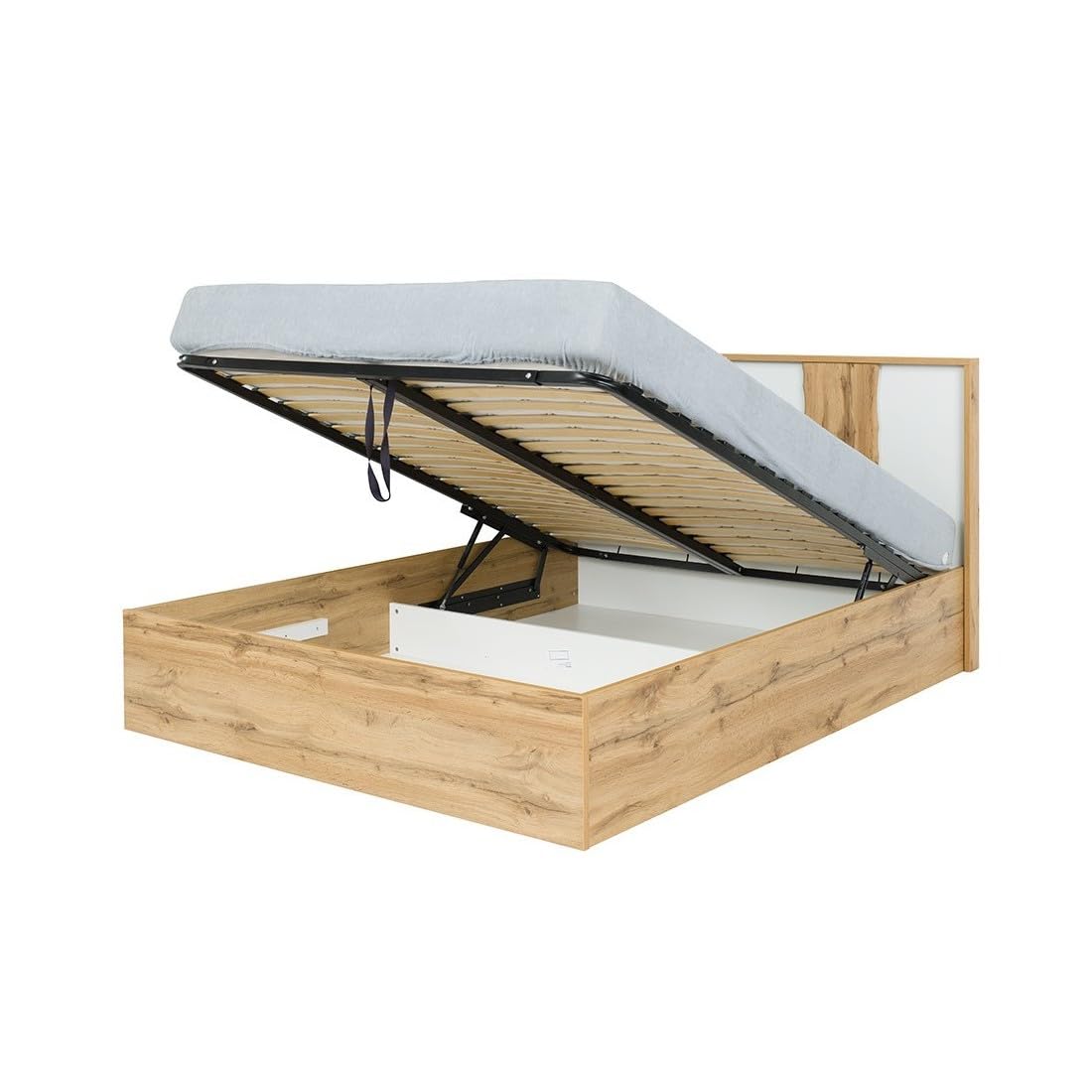 Meublorama Habitación Wood en Colores Roble y Blanco con Cama con LED y Compartimento de Almacenamiento, cómoda, mesitas de Noche y Armario.