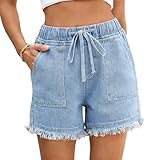 ADUDVLO Womens Jean Shorts Frayed Raw Hem Lightweight Casual Baggy Trendy Hot Pants Elastic Waist Drawstring Comfy Shorts (UK, Alpha, XXL, Regular, Regular, Light Blue)
