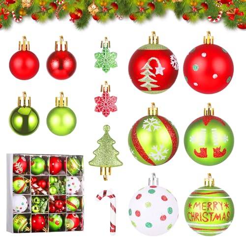 Zourglow 46 Piezas Bolas de Navidad, Bolas Arbol Navidad con Bastón Caramelo Árbol Copo Nieve, Adornos Navideños de Plástico Inastillable en Rojo Blanco Verde (3-7cm) para Interior Exterior
