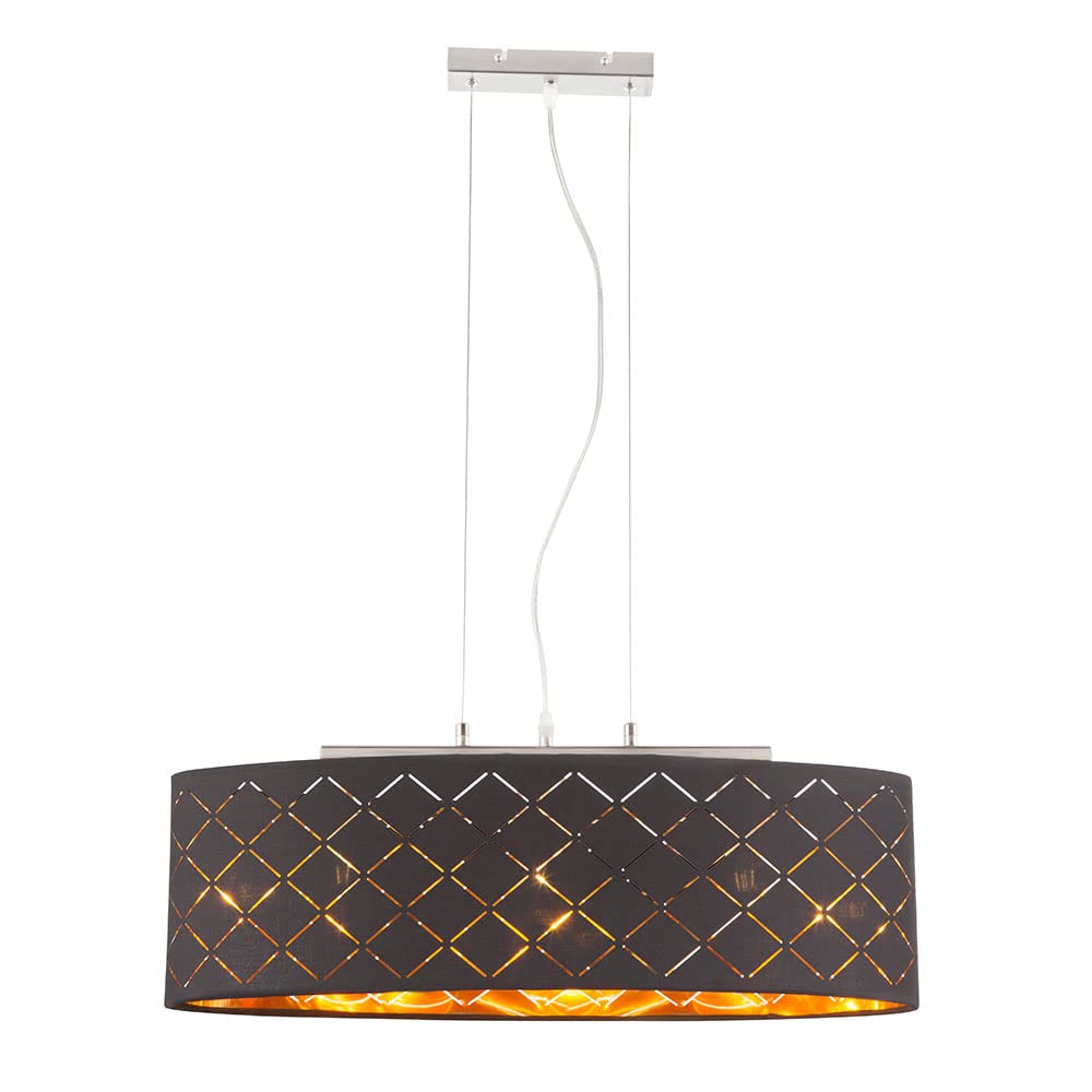 Deckenleuchte Lampe Wohnzimmer hängend schwarz gold Wohnzimmer hängend Hängelampe Esstisch, 3 Flammig Stanzungen, Metall Textil, 3x LED 7W 806Lm 2700K, LxBxH 65x25x140 cm