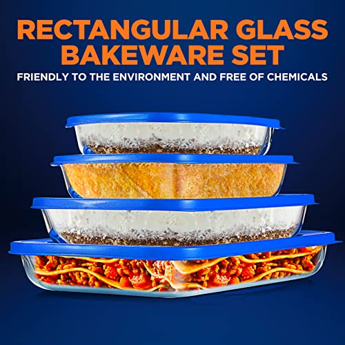 Nutrichef 4 Sets Glass Bakeware - High Borosilicate Rectangular Glass Baking Dish W/Blue Bpa-Free Pe Lids, Freezer-To-Oven Home Kitchen Bake Casserole Food Storage Stackable Tray Pan, Dishwasher Safe #TOP2