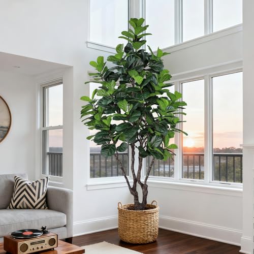 Image of 8FT Faux Fiddle Leaf Fig Tree, Large Artificial Plants Indoor Ficus Lyrata Trees, Realistic Fake Tree in Pot Floor Plant for Home Decor Office Christmas Housewarming Gift