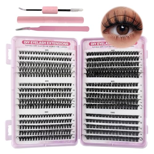 VEGCOO Pestañas Postizas Naturels Cluster Lashes 570 Unds 30-40-50-60-80-100D Pestañas Pelo a Pelo Extensiones de Pestañas Individuales Tipo Racimo Ruso con Accesorios(8-16 mm)