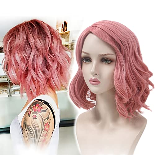 STfantasy Short Pink Wavy Womens Wig Heat Resistant Synthetic Hair for Women Fancy Dress Cosplay Party Costume Canival