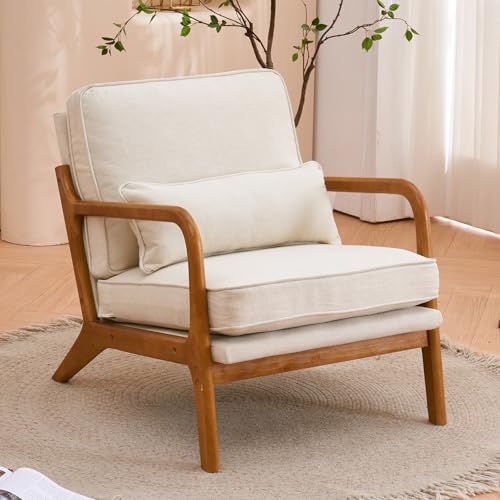 Bonnlo - Bonnlo Accent Chair, Soild Wood Padding Lounge Armchairs, Occasional Reading Chair with Cushions and Lumbar Pillow, Armchairs for Living Room, Bedroom, Guest Room, Fabric, Beige