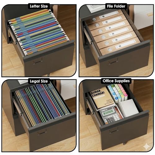 2 Drawer File Cabinet with Lock, Heavy-Duty Metal Rolling Filing Cabinet for Home Office, Under Desk Printer Stand with 5 Wheels, Required Assembly with Video Guide, Fits Letter/Legal Size, Black
