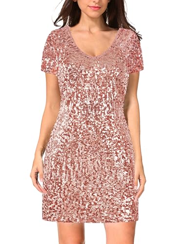 Image of MANER Women's Sequin Glitter Short Sleeve Dress Sexy V Neck Mini Party Club Bodycon Dresses
