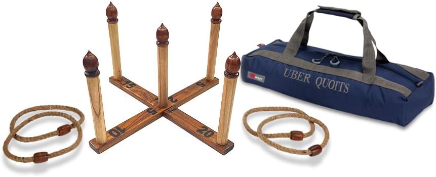 Uber Games - Wooden Quoits Set - Traditional Lawn Game - Pine Wood Base & Pegs - Rope Throwing Hoops - Canvas Bag Included