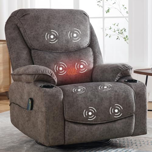 HCHAIRH Rocker Recliner Chair, Manual Swivel Recliner Chair with Massage and Heated for Adults, Comfy Reclining Chair Rocking Recliner for Living Room, Grey