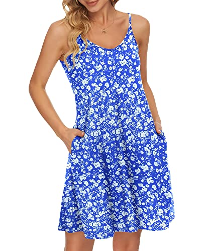 WNEEDU Sommerkleid Damen Spaghetti Strap Kleid Strandkleid mit Taschen Blumen Blau Weiß XL