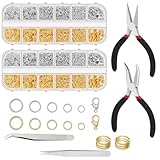 OdiuK Biegeringe für Schmuckherstellung 2406 Stück Spaltringe Verschlüsse mit Schmuckzange und Ring öffner, 4mm bis 10mm Metall Kettenringe DIY Sprung Ringe für Halskette Armbänder (Silber und Gold)