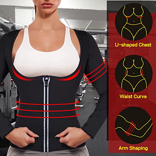 Sauna Suit For Women, Sweat Waist Trainer Vest, Sweat Slimming Body Shaper Jacket, Hot Waist Trainer Workout Shirt With Zipper (Long Sleeve) #TOP2