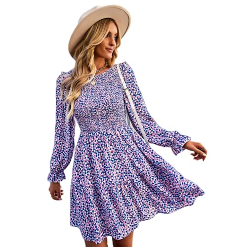 Rundhals-Blumenkleid Winter Lange Ärmel All-Match A-Linien-Kleid - Blau - L