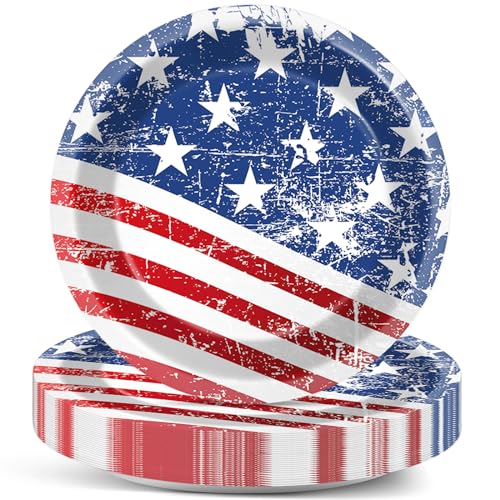 Image of Qyeahkj 48 Pcs 4th of July Party Plates Independence Day Disposable Paper Dessert Plates Supplies for American Flag Party Plates Dessert Plates Tableware Decorations