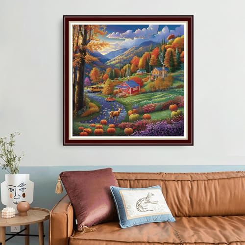 Image of Joyhoor Cross Stitch Kits for Beginners Stamped Cross-Stitch Supplies Needlework preprint Embroidery Kits for Adults DIY Needlepoint Kit Embroidery Patterns 11CT-Autumn Scenery 18x18 inch