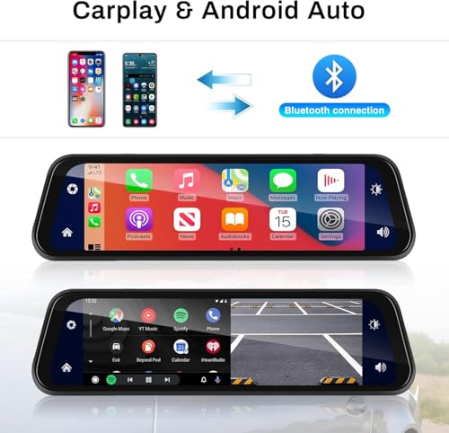 Image of Maharsh 12 inch Touchscreen Mirror Dash Cam with WiFi 4K Front Cam 1080P Rear Cam Monitor Night Vision Muilti Channel Vehicle Interior and Exterior Camera with Carplay Android Auto FM