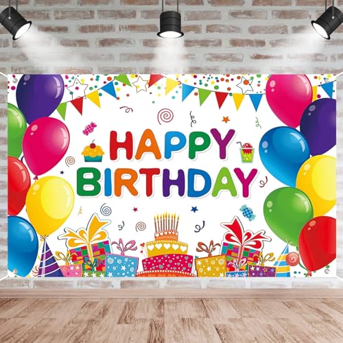 Image of Happy Birthday Backdrop Banner, Colorful Birthdays Banner Backdrop Happy Birthday Party Decorations Yard Sign Background for Kids Birthdays Party Indoor Outdoor Decorations (6x3.6ft)